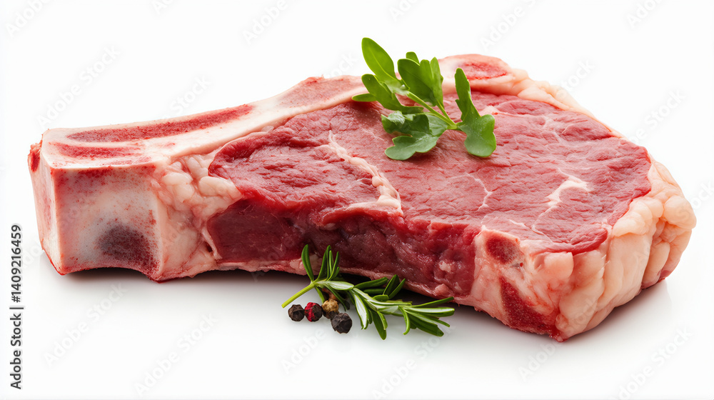 Raw beef steaks, raw meat on a white background. Raw beef steak, pork chops, meat on a plate, slice of bacon Raw beef steaks, raw meat on a white background. Raw beef steak, pork chops, meat on a plate, slice of bacon