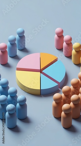 Creative 3D illustration showing multicolored human figures arranged around a divided circular chart, representing collaboration, statistics, market research, and shared resource distribution.

