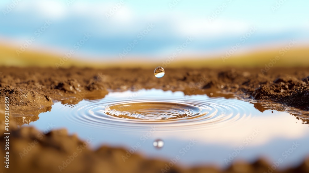 A muddy puddle with visible ripples and rough texture, capturing the essence of wet, soft earth after a downpour in a rural setting.