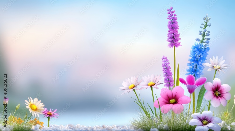 A patch of wildflowers growing in a natural field with soft textures and colors blending harmoniously, creating a peaceful, organic atmosphere.