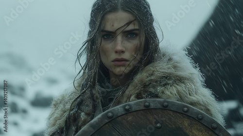 Female Viking Warrior on Snowy Battlefield, Clad in Traditional Cloak, Holding Wooden Shield Under Fierce Stormy Sky