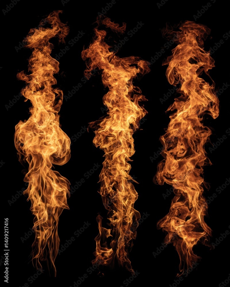 Three isolated flames dancing against a stark black background creating a mesmerizing fiery spectacle Three isolated flames dancing against a stark black background creating a mesmerizing fiery spectacle