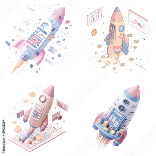 Set of pastel rocket illustrations symbolizing startup growth, financial success, and business analytics, ideal for fintech, investment, or digital economy visuals.

