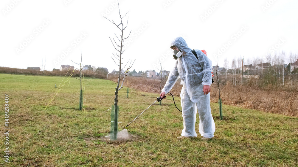 Gardener in protective clothing with a knapsack sprayer is spraying bush and tree with fungicide in a spring garden. Plant protection from diseases, insects and pests control. High quality photo. Gardener in protective clothing with a knapsack sprayer is spraying bush and tree with fungicide in a spring garden. Plant protection from diseases, insects and pests control. High quality photo.