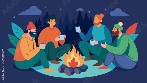 Huddled in a circle around a campfire a group of hikers relax after a long day of trekking warming up with hot cups of yerba mate.. Vector illustration