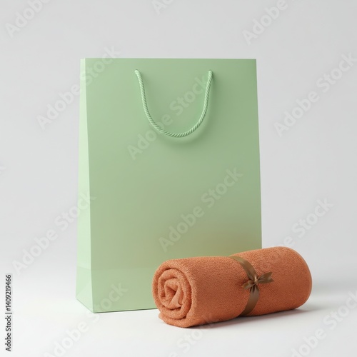 Light green shopping bag with coral towel mockup