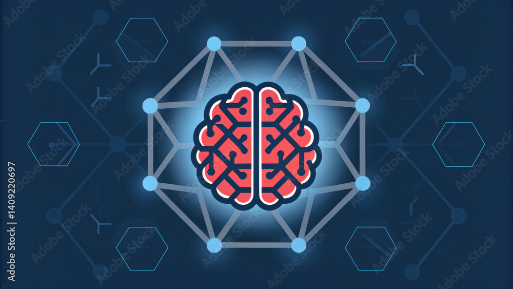 image features stylized brain center, surrounded by geometric shapes and connections, symbolizing artificial intelligence