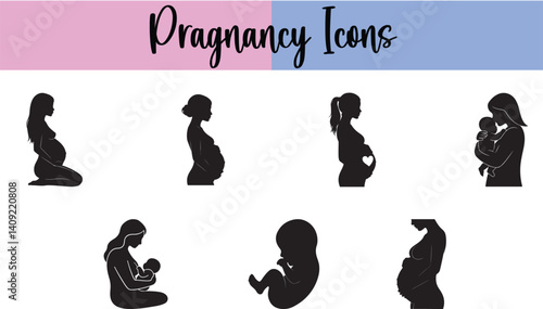 7 Pregnancy Icons Depicting Women in Various Stages of Motherhood and Breastfeeding Silhouettes in Black
