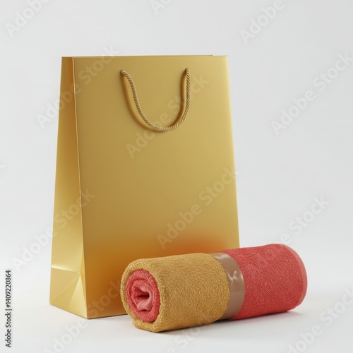 Golden-yellow shopping bag with towel gift setup