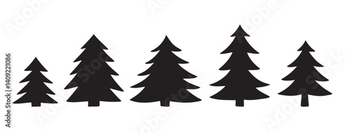 silhouette Christmas trees set. Hand drawn forest decorative element. Doodle silhouette trees for New Year and Christmas