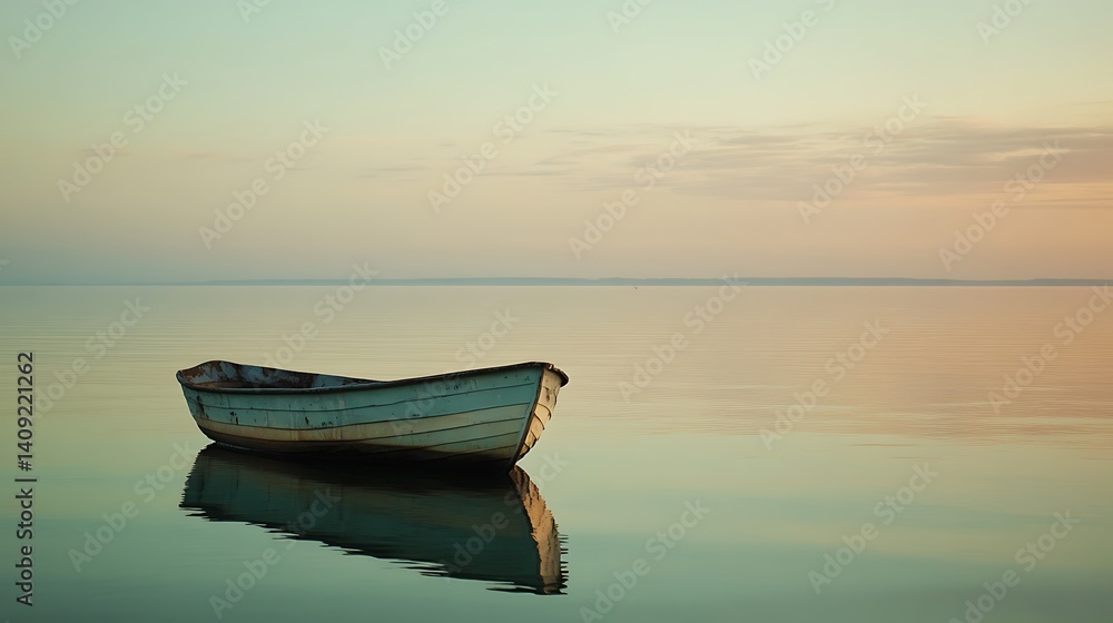 Boat Floating on Still Water at Dusk Reflecting Colors Boat Floating on Still Water at Dusk Reflecting Colors