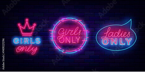 Ladies night neon labels collection. Girls only. Cyber circle. Glowing signs. Free enter for female. Vector illustration