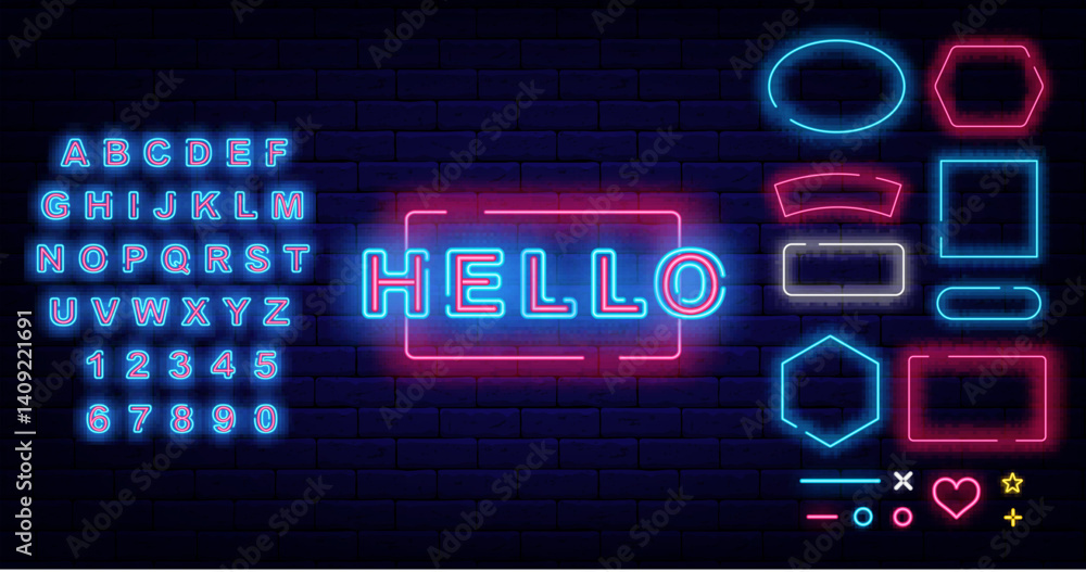 Hello neon sign. Online message. Luminous text on brick wall. Open and welcome banner. Vector stock illustration Hello neon sign. Online message. Luminous text on brick wall. Open and welcome banner. Vector stock illustration