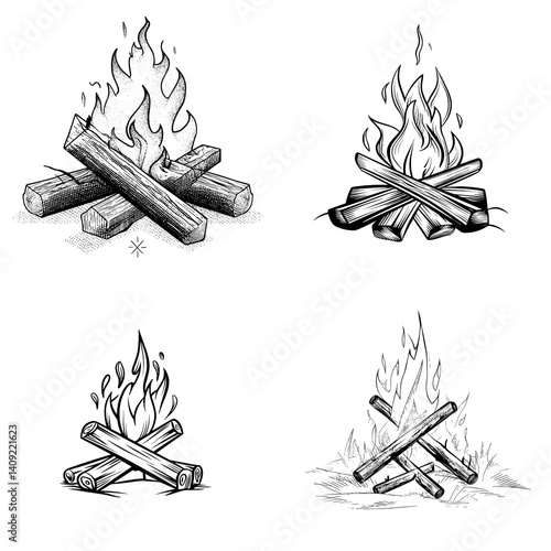 Hand-drawn campfire sketch set featuring burning logs with flames, perfect for camping themes, outdoor adventure designs, survival graphics, or rustic artwork collections.

