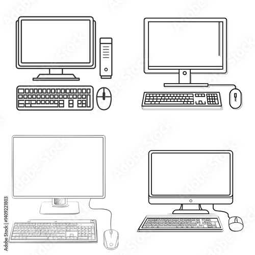 Set of four desktop computer illustrations in clean black and white line art style, including monitor, keyboard, mouse, and tower—perfect for tech guides, infographics, or IT visuals.

