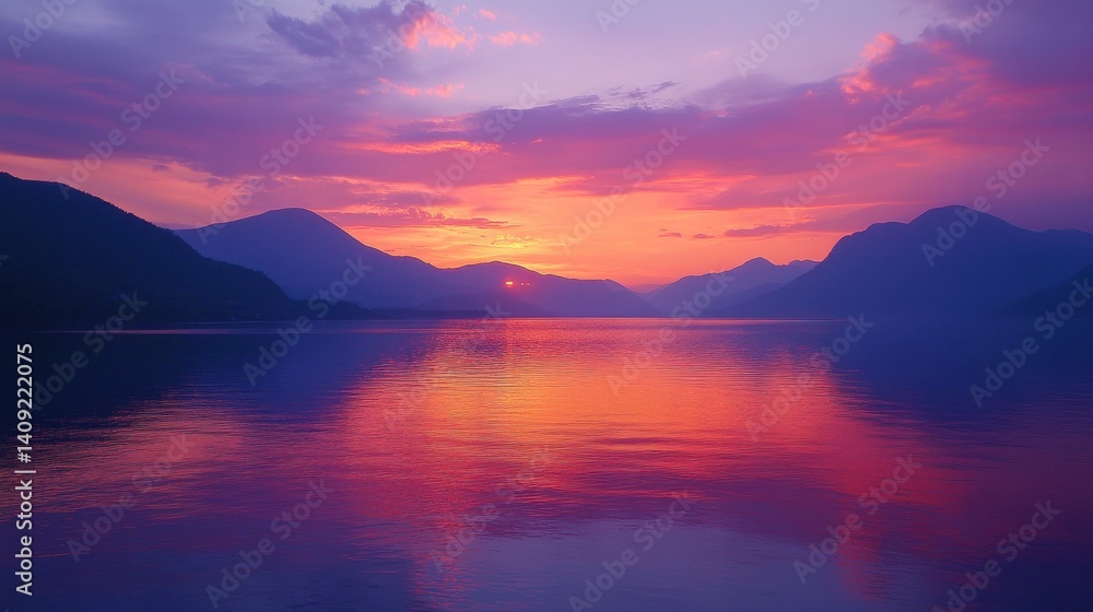 Breathtaking sunset over tranquil lake surrounded by mountains and vibrant sky colors Breathtaking sunset over tranquil lake surrounded by mountains and vibrant sky colors