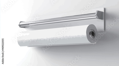 Close-up studio shot of a wall-mounted paper towel holder. The holder is predominantly white with a silver/chrome metal bar. A roll of white paper towels is mounted on the holder