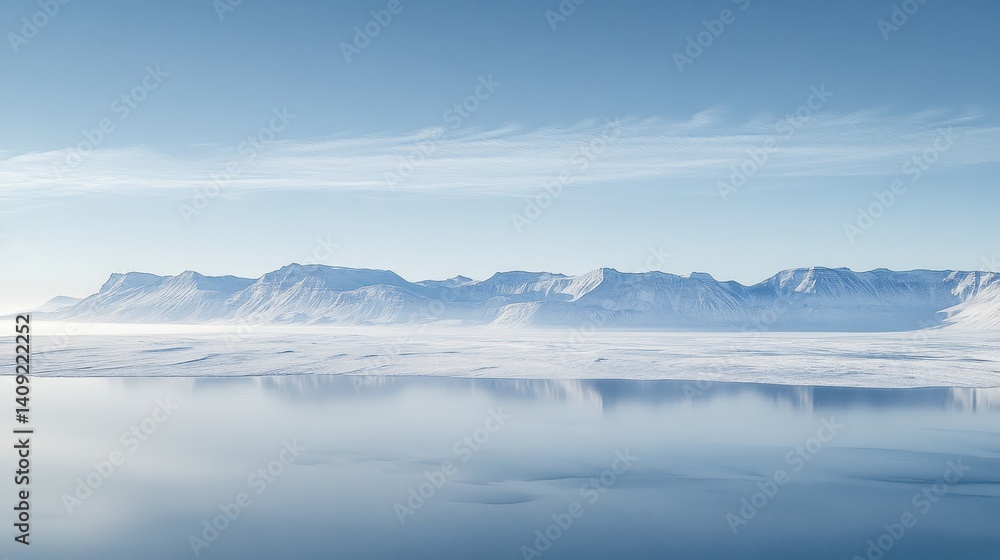 Serene Arctic Vista: Captivating panorama of the Arctic, with snow-covered mountains reflected in the calm, icy waters under a pristine blue sky. Serene Arctic Vista: Captivating panorama of the Arctic, with snow-covered mountains reflected in the calm, icy waters under a pristine blue sky.
