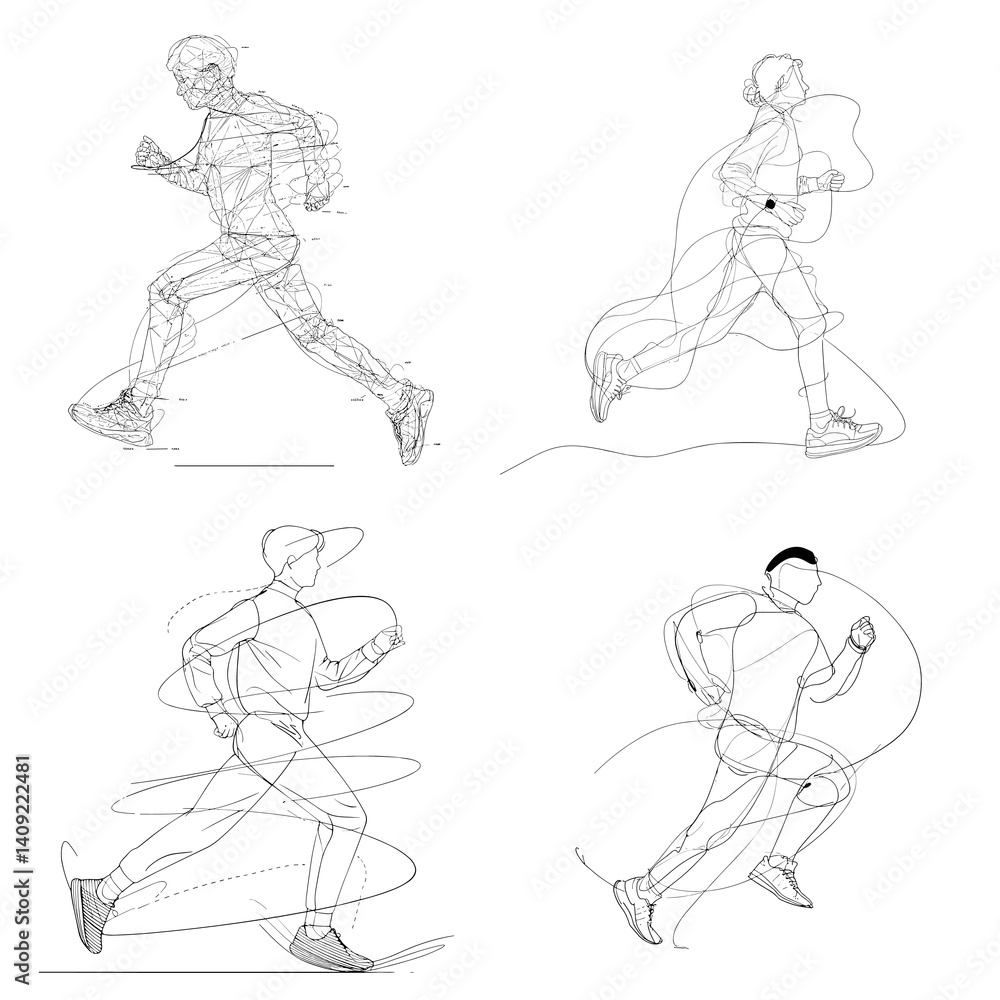 Set of four minimalist line art drawings of runners in motion, capturing energy and speed, perfect for fitness visuals, sports branding, health campaigns, and athletic design concepts.
Set of four minimalist line art drawings of runners in motion, capturing energy and speed, perfect for fitness visuals, sports branding, health campaigns, and athletic design concepts.