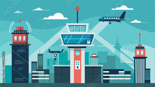 The constant flow of air traffic in the business districts airspace is closely monitored and coordinated by stateoftheart control towers ensuring the safety and efficiency of the. Vector illustration