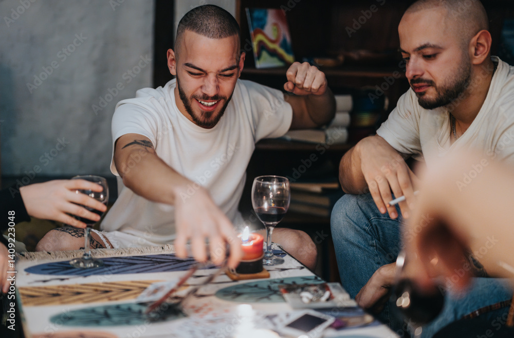 A group of friends gathering around a table, playing games, enjoying beverages, and having fun in a cozy, candlelit atmosphere. A group of friends gathering around a table, playing games, enjoying beverages, and having fun in a cozy, candlelit atmosphere.