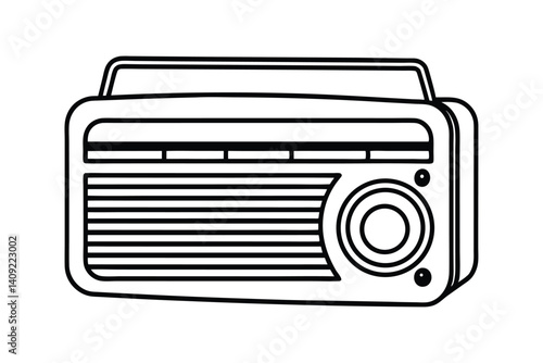 Line art illustration of a vintage radio with visible dials and speaker grille.eps