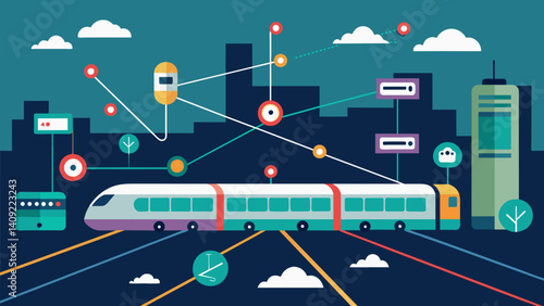 A visual representation of train lines and routes on a citys transportation website leveraging live data to show which areas are experiencing heavy traffic and delays in realtime.. Vector illustration