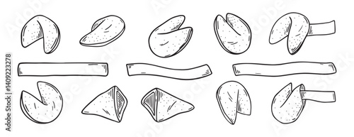 Chinese fortune cookies doodle hand drawn icon set. Outline drawing Chinese fortune cookies line clipart symbol collection