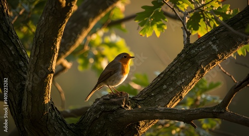 Robin Bird Resting on Branch with Golden Sunlight in the Forest