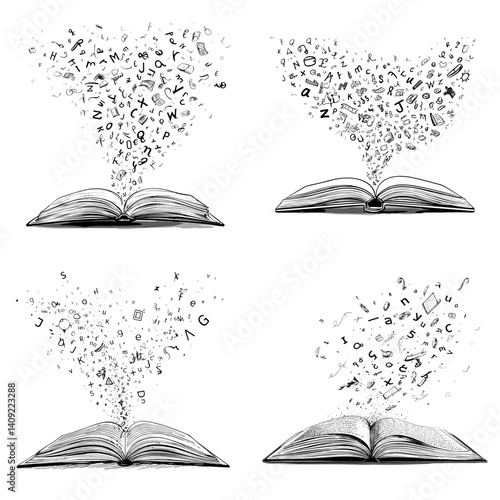 Set of four artistic open books with letters and symbols flying out in black and white sketch style, ideal for literacy campaigns, education visuals, writing, and storytelling concepts.

