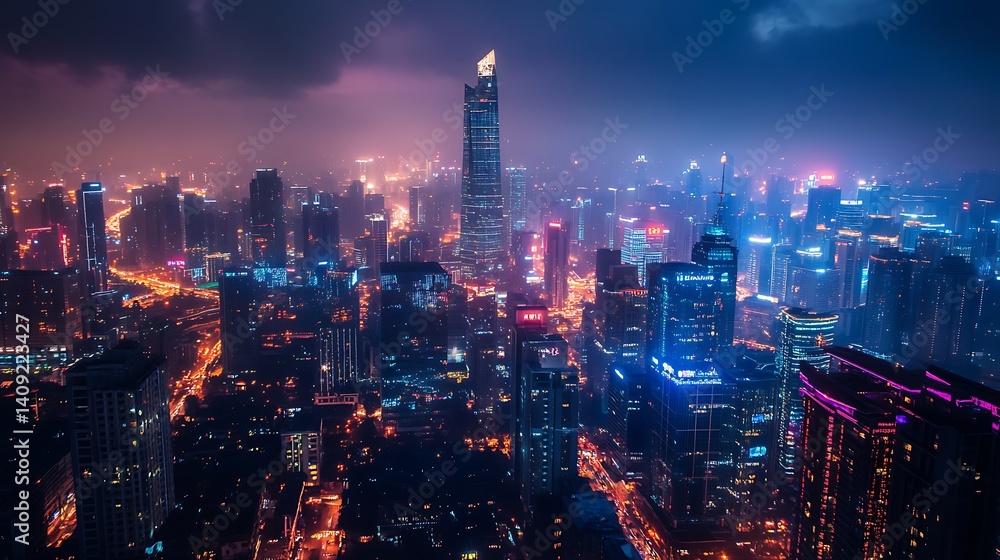 Fototapeta premium Aerial Cityscape At Night With Illuminated Buildings and Dark Sky