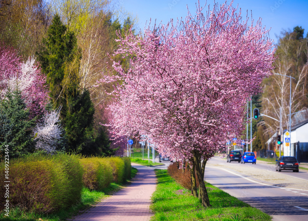 Spring alley of blossom pink cherry trees in Poland
