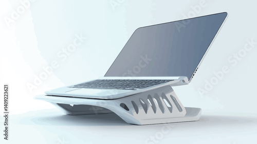 A three-quarter view of a white laptop stand. The stand is made of a smooth, seemingly plastic material, featuring a lattice-like design on its underside for ventilation or aesthetic purposes