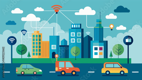 A smart city with sensors embedded in public infrastructure collecting data on traffic flow air quality and waste management to improve overall efficiency and sustainability.. Vector illustration