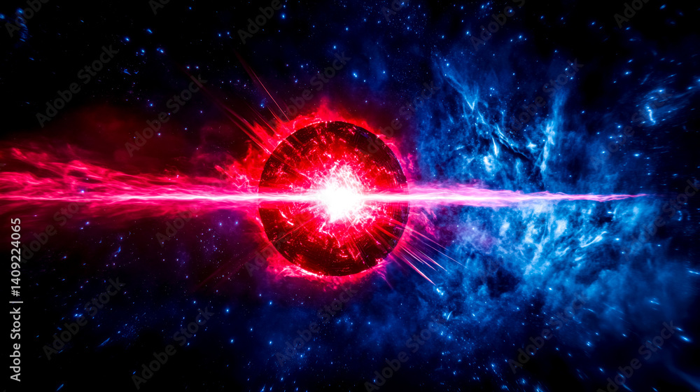 Fototapeta premium Damaged satellite emitting energy beams in deep space