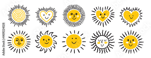 cute sun clipart, hand drawn sun heart colorful happy set, yellow and orange smiling sun, emotion happy faces