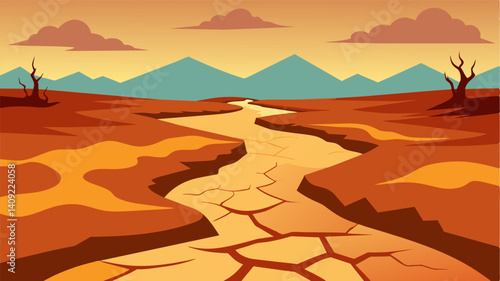 The cracked and barren riverbed was a sad reflection of the devastating drought that had plagued the area for months.. Vector illustration