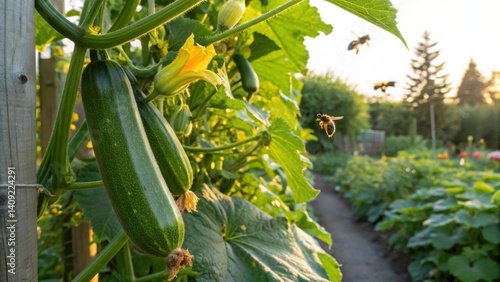 summer harvest Vibrant garden scene featuring zucchini plants and bees in a lush, green environment.