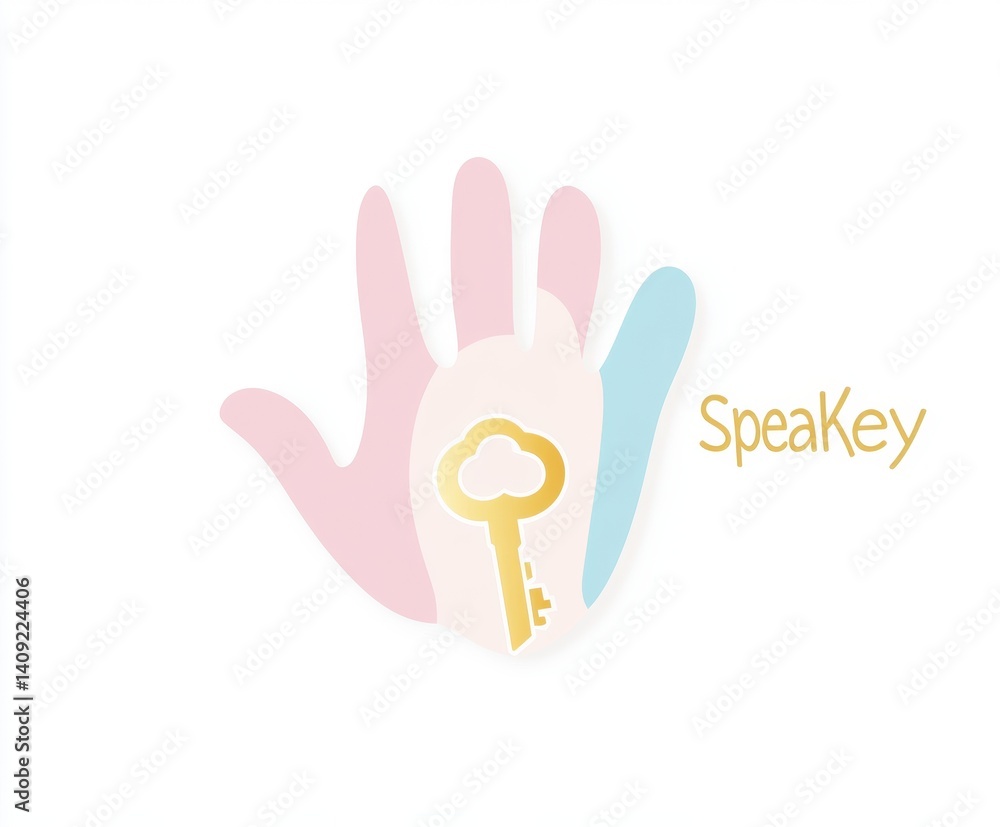 Obraz premium Hand and Key: A creative visual, showcasing an open hand shape formed by three overlaid colorful hand silhouettes. A golden key is centrally positioned inside, with a delicate, dreamy design.