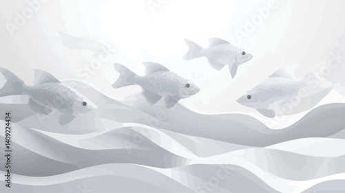 The image depicts four stylized white fish swimming in a softly undulating, textured white water environment. The fish are rendered in a minimalist style with smooth surfaces and minimal detail.