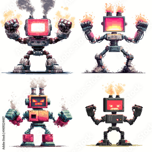 Set of four pixel art-style angry robots with flaming heads and smoke effects, ideal for gaming assets, tech-themed art, or sci-fi villain character designs in digital projects.

