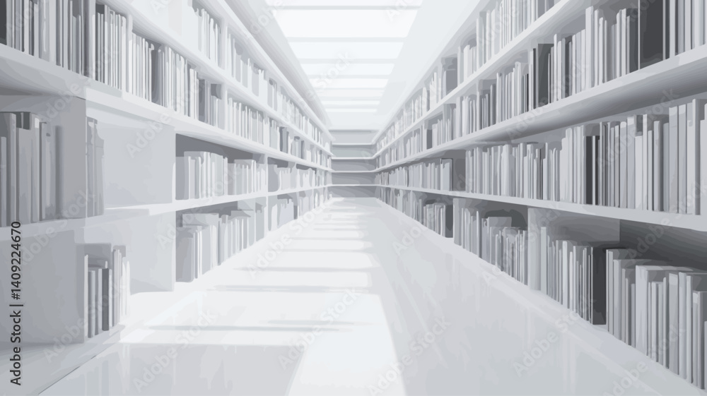 Obraz premium The image shows a long perspective view down a library aisle. The entire scene is rendered in monochrome white, creating a minimalist aesthetic. The bookshelves are uniformly spaced and filled