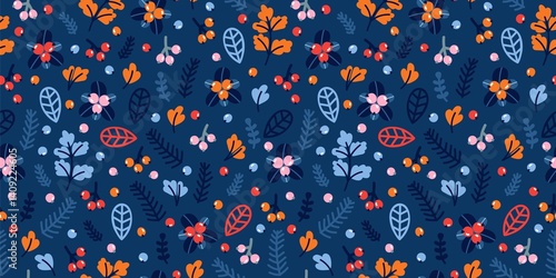 Festive Floral Pattern on Deep Blue Background