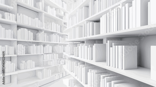 The image depicts a digitally rendered interior of a library. The entire scene is monochromatic, rendered in shades of white.  Numerous bookshelves filled with uniformly white books line both sides