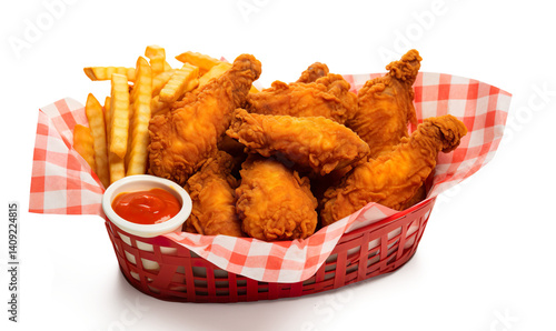 chicken hot wings and fries basket with red and white checkered lining inside of red food basket on a transparent background