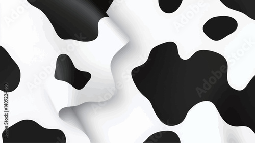 Close-up shot of a fabric with a cow print pattern. The fabric is predominantly white with irregular black spots. The fabric is draped, showing folds and wrinkles creating a textured surface.