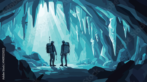 Digital painting depicting two figures, presumably explorers, standing in a large ice cave. The cave is characterized by numerous icy stalactites and stalagmites