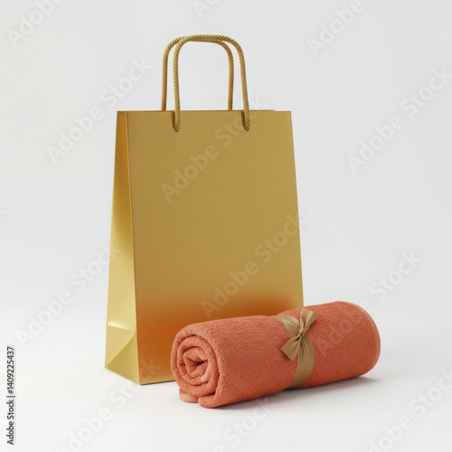 Matte yellow bag and rolled towel presentation mockup