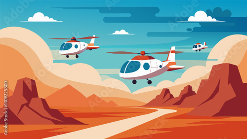 Amidst the vastness of the desert air taxis display their ability to travel long distances without leaving a trace promoting conservation of fragile ecosystems.. Vector illustration