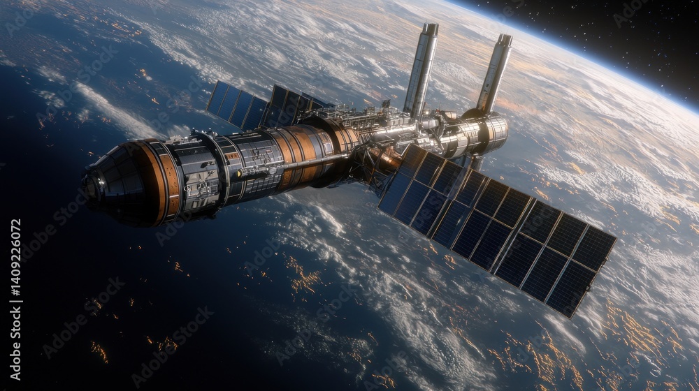 Obraz premium Orbiting space station above Earth's clouds